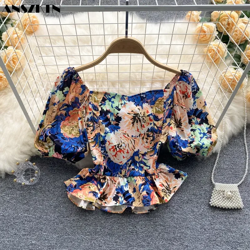 ANSZKTN Summer New Fashion Vacation Square Collar Backless Women Crop Puff Sleeve T-Shirt Printing Machine