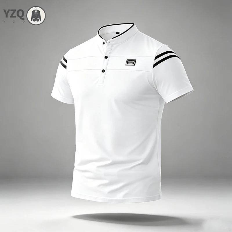 Men Regular Fit Short Sleeve Polo Shirt Stand Collar Decorative Stripes For Street Style And Office Daily Commute Wear