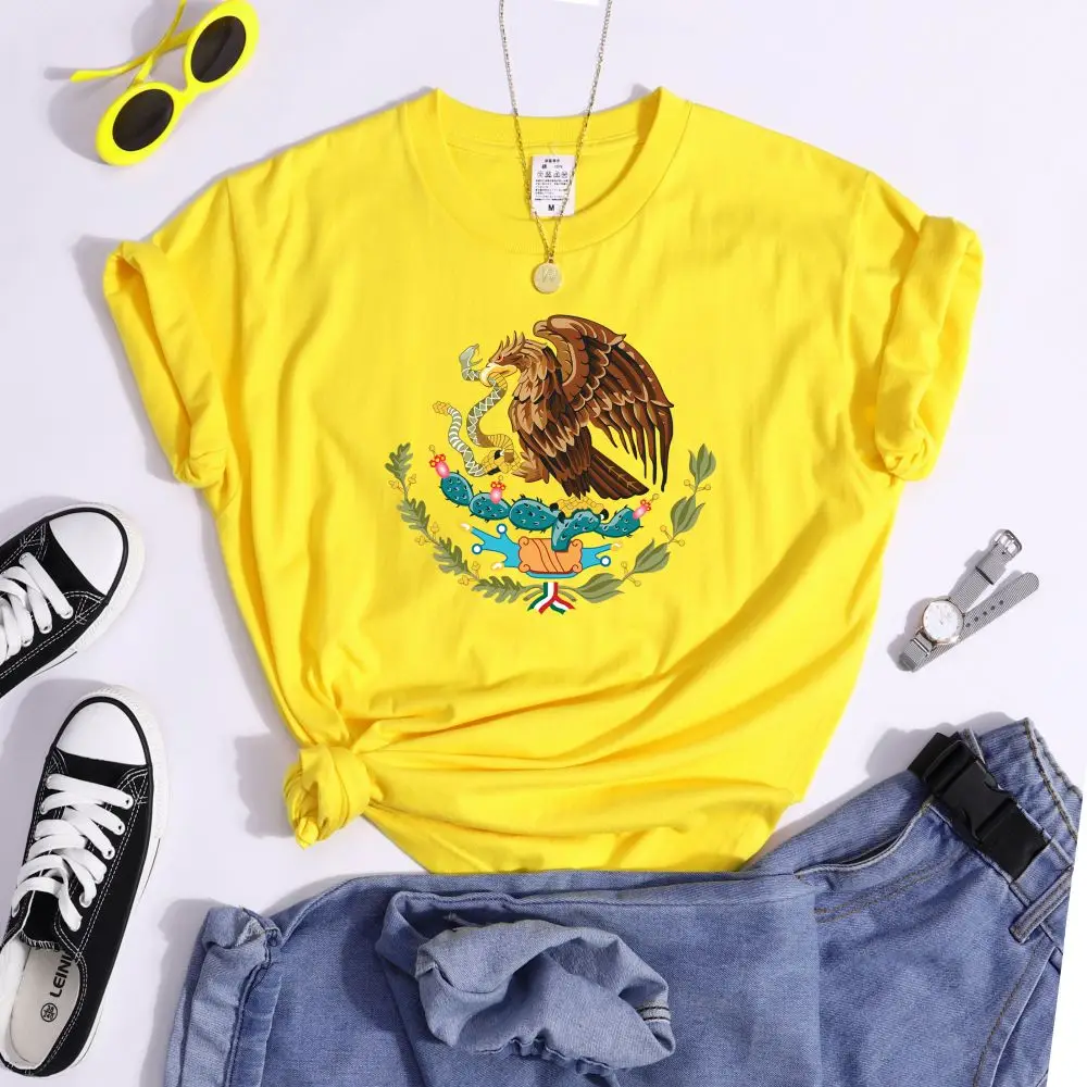 Mexico A Divine Eagle Holding A Snake In Its Beak Print Female Tshirt Breathable O-Neck Tees Casual Crop Top Streetwear Clothes