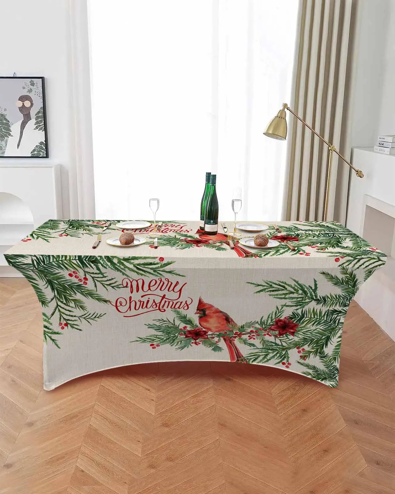 Christmas Berry Plants Cardinals  Elastic Table Skirt Wedding Birthday Table Decoration Table Skirt Tablecloth for Party