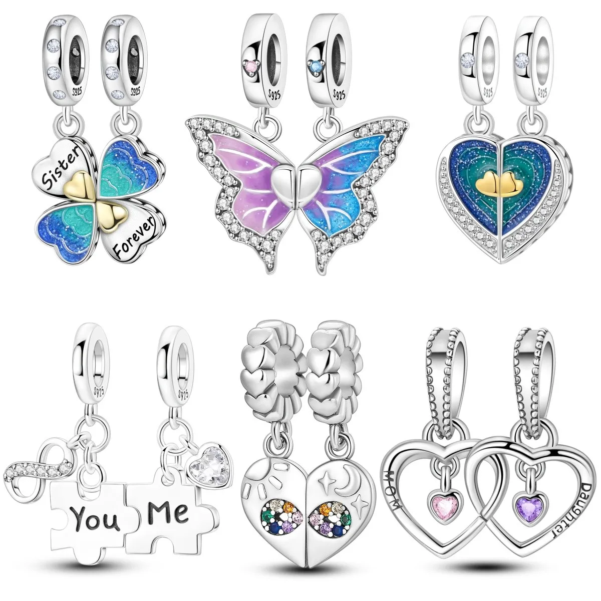 MISEFF S925 Sterling Silver Charm Four-Leaf Clover Butterfly Heart Combination Pendant For Original Bracelet DIY Jewelry Making