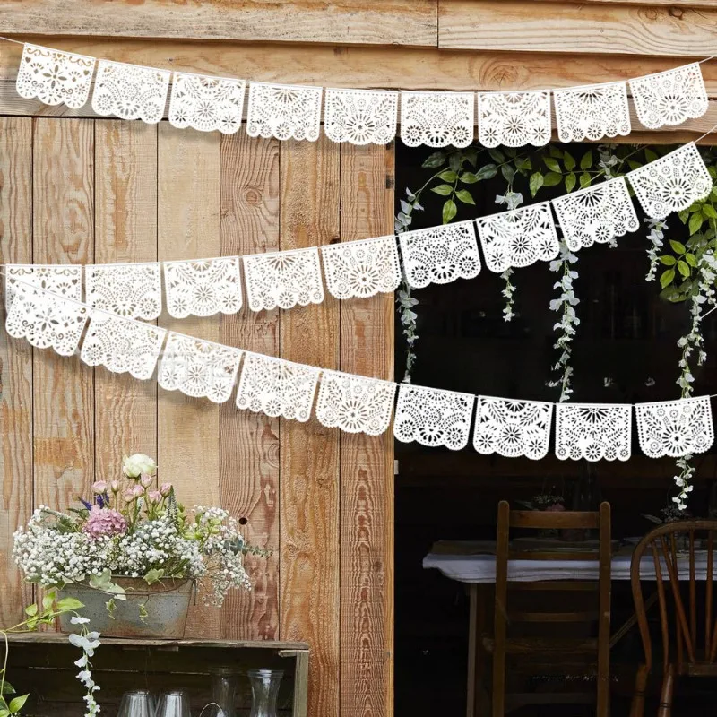 Weißes Papel-Picado-Banner, Kunststoffflaggen, Cinco De Mayo, Kunststoff, mexikanisches Party-Banner, Party, Hochzeiten, mexikanische Party-Dekoration – Detail 7