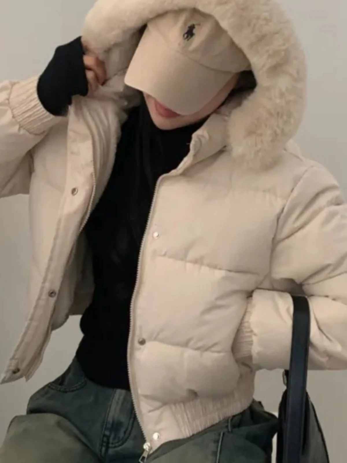 

Chic Autumn Winter Hooded Bread Coat Thiened Warm Fce Cotton Jaet Long Sve Women's Faionable ort Sle with Hig...