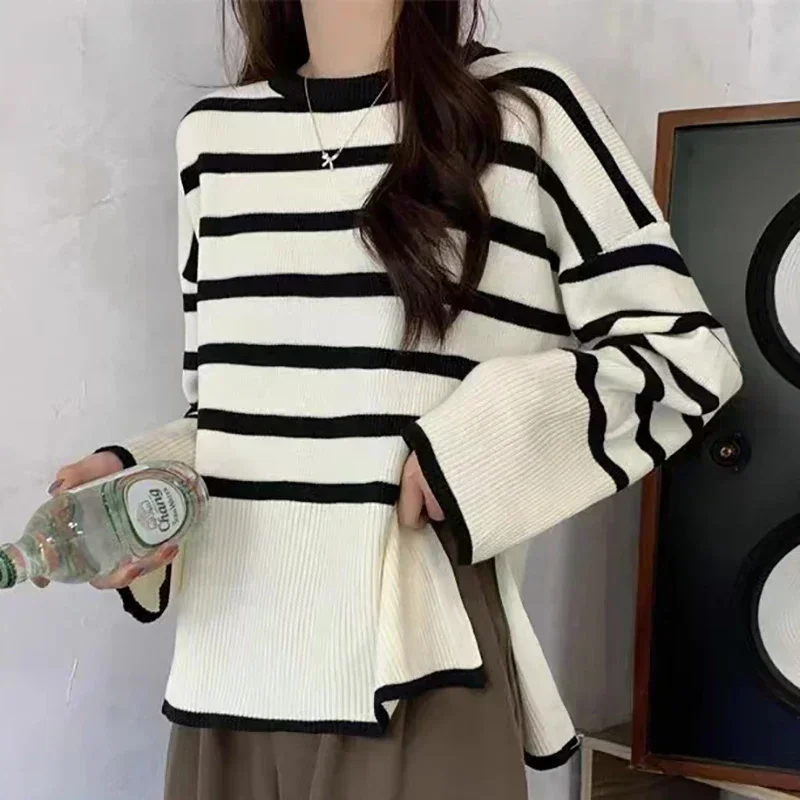 POCZCIY Premium Loose Long Sleeve Pullover Women's Ribbed Casual Office Striped Sweater O-neck Pull Femme Autumn Winter