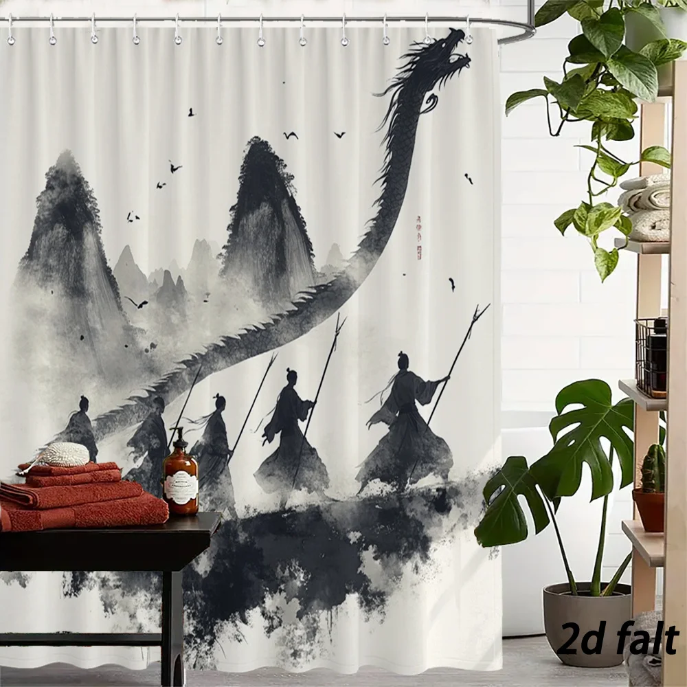 Chinese Dragon Ink Wash Shower Curtain – Black & White Warrior Mountain Scene Polyester Bath Decor , Machine Washable, 12 Hooks