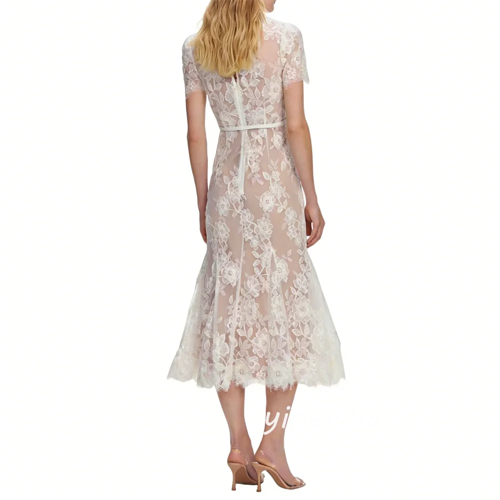 Customized Fashion Casual Lace Sash Rhinestone Pleat Ruched Mermaid High Collar Tea Length Evening Dresses for Woman Formal image 2
