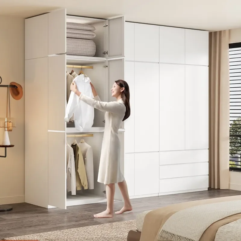 for Bedroom Wardrobe Steel Household Cream Style Free Combination Segmented Handle Free With Drawer Wrought Iron Clothes