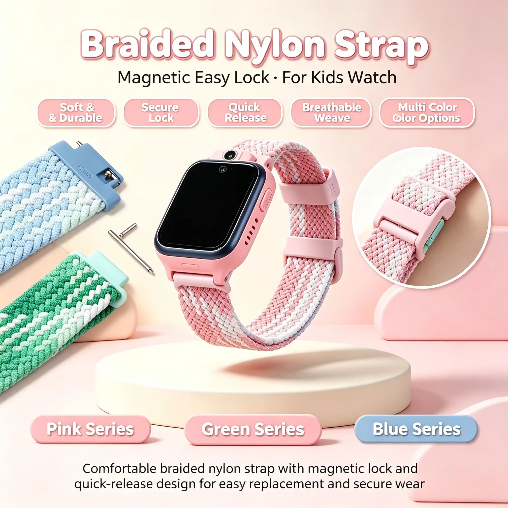 Braided Nylon Magnetic Watch Strap 15mm/17mm Kids Smart Watch Breathable Elastic Wristband Fit for Xiaomi & Mitu R Smart Watches