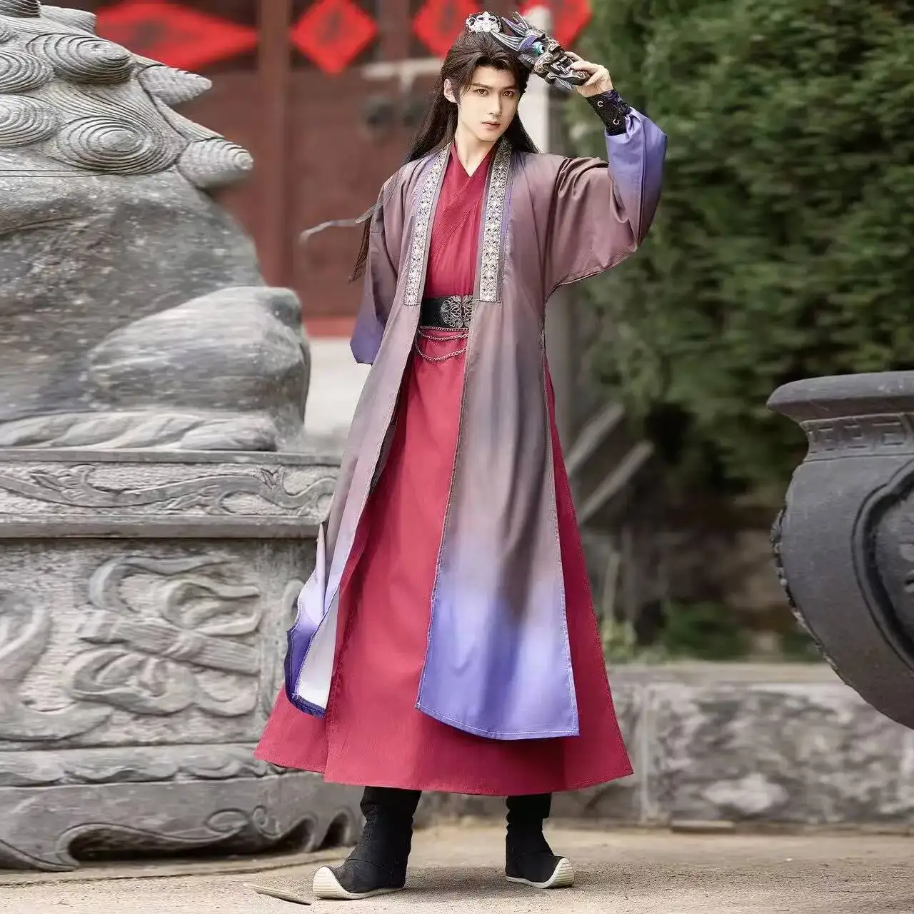 

Dark Red King of Ghost Hanfu Men's Traditional Chinese Tang Dynasty Long Robe Stylish Youthful Boys Halloween Cosplay Suit Comic