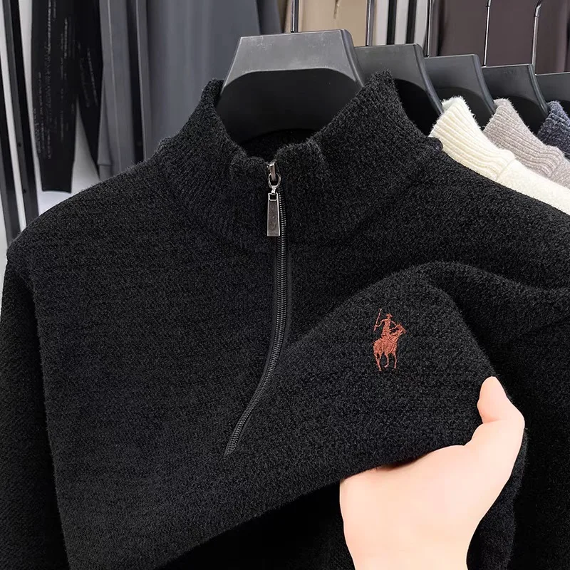 Luxury brand zipper stand up collar sweater men casual trendy ponytail embroidery design winter new plush warm knit pullover