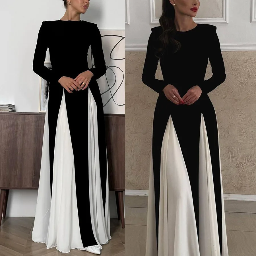Abito MAXI da donna Autunno Inverno Nuovo articolo Abito a maniche lunghe a contrasto Abiti da festa Vestiti Autunnali Donna Vestido Elegante