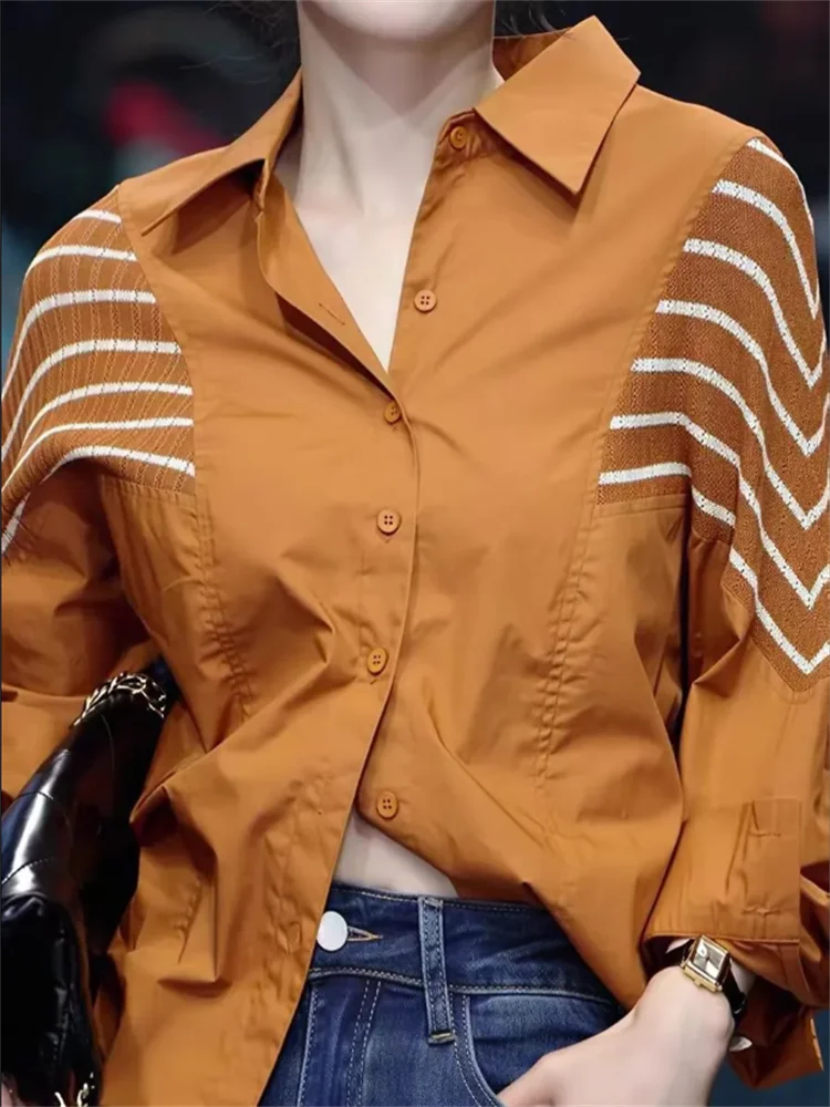 Camicia patchwork a righe Camicetta da donna Top con blocco colore Cardigan camicetta allentata di fascia alta con bottoni Camicie da donna primavera autunno