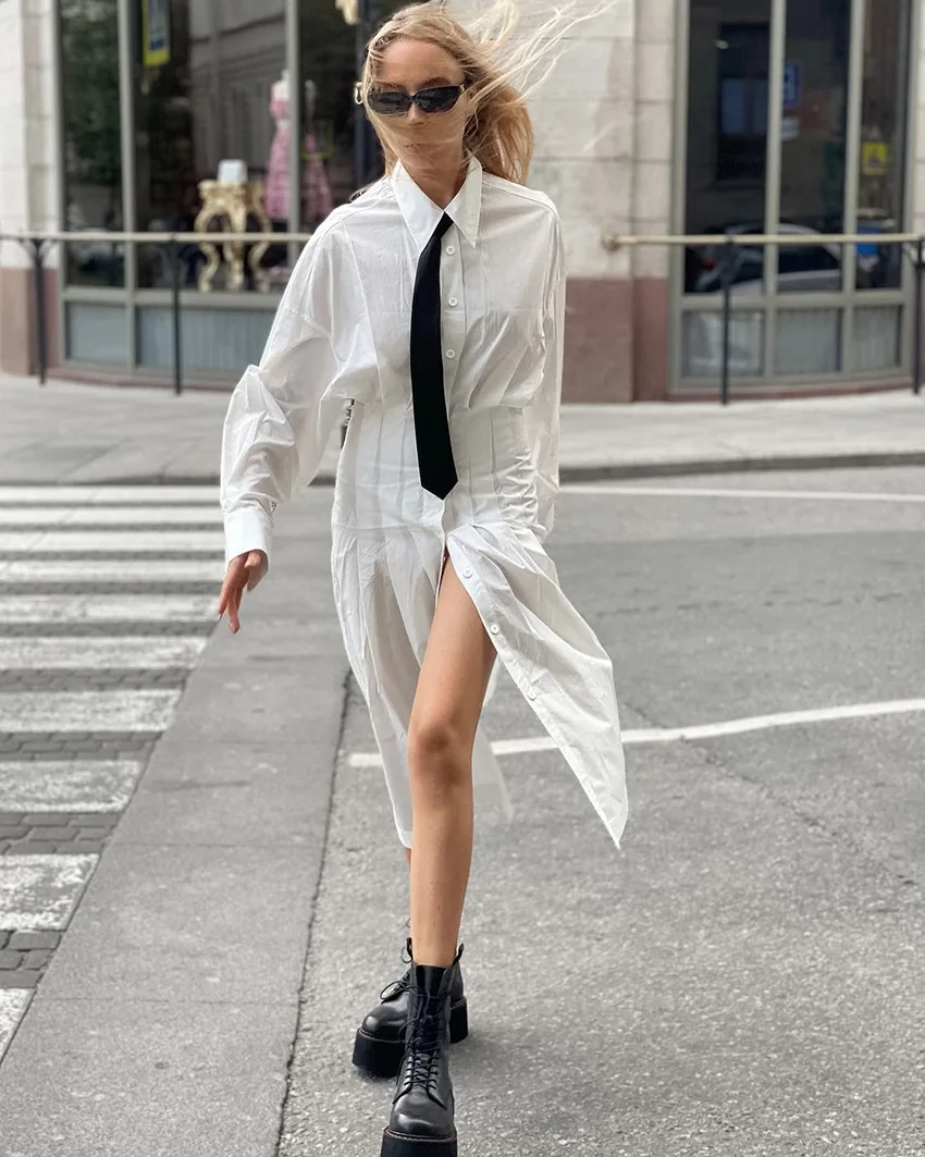 BKLD 2025 Autumn New Fashion Pure Cotton Shirt Dress Women Clothing Commuter Split Long Sleeve High Waist Slimming Pleated Dress