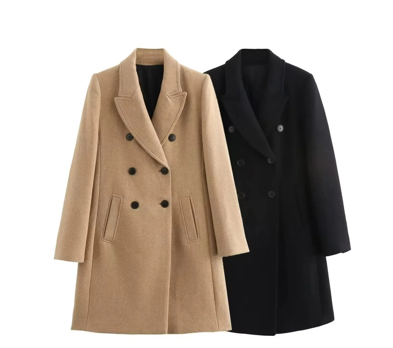 

Elegant Women's Autumn Wollen Overcoat Solid Color Lapel Collar Double Breasted Lady's Jacket Temperament Long Coat For Female