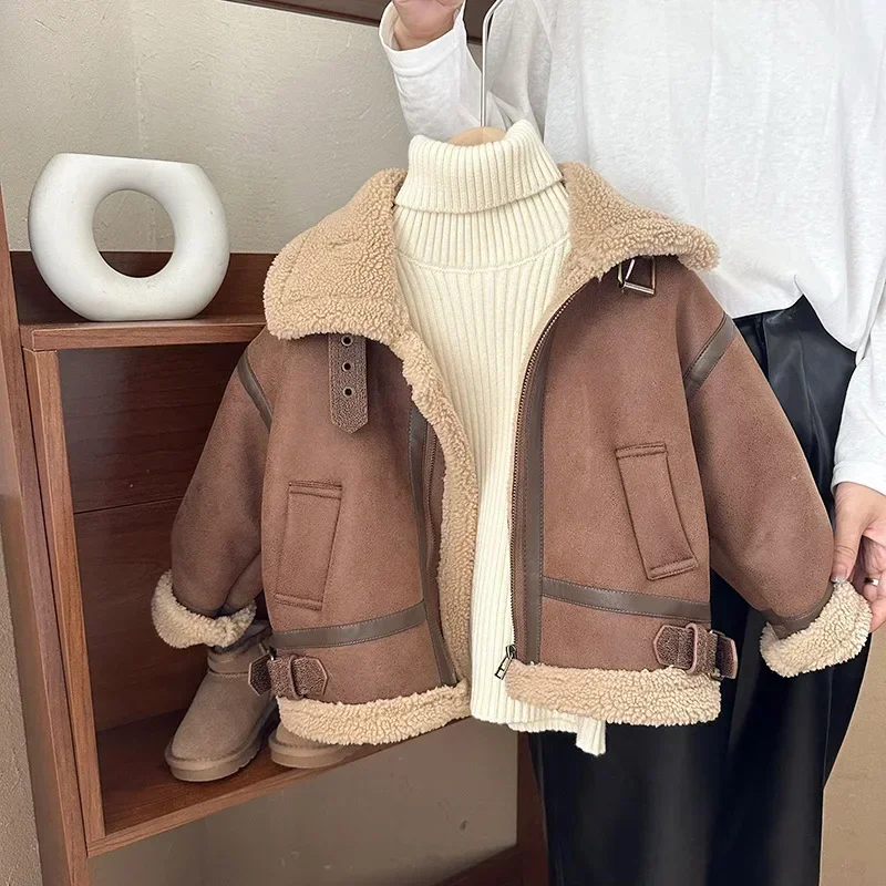 Cashmere Leather Jacket Winter Keep Warm Boys Jacket Thick Lining with Plush Fur Collar Hooded Heavy Coat for Kids Girls Coats