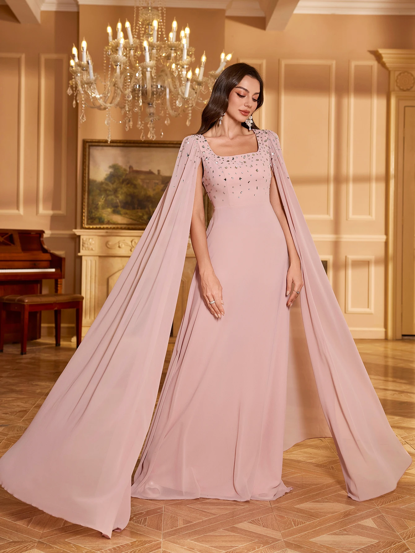 UNITHORSE Women Square Collar Rhinestone & Sequin Sleeve Solid Color Chiffon Evening Party Bridesmaid Dress