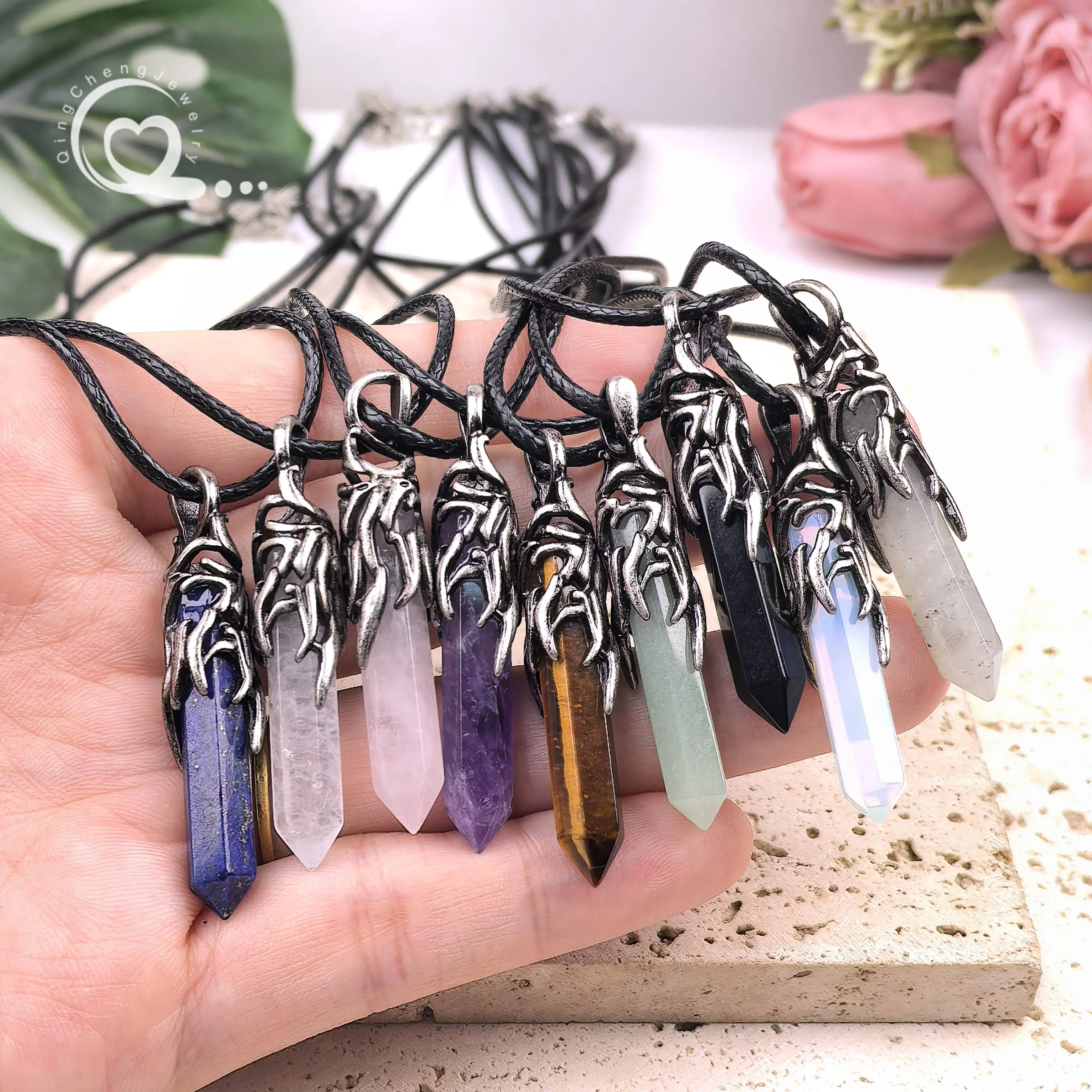 

Healing Crystal Point Antique Silver Pendants Necklace Reiki Chakra Amethyst Labradorite Tiger Eye Charms Women Jewelry,QC3437