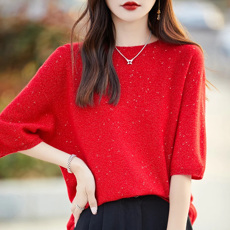 2024 Spring/Summer Pure Wool Cashmere Sweater Women\'s First Line Round Neck Gold Bean Knitted Short Sleeve Loose Soft T-Shirt