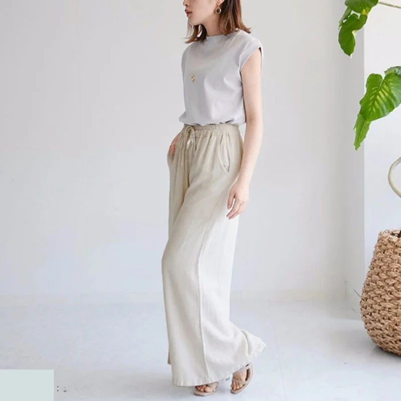 Trendy High Waist Wide Leg Pants Women's Casual Linen Autumn plus Size Versatile  Color Pants Japanese Sweet Sle