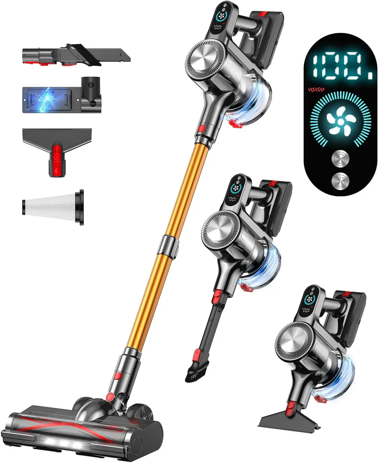 

Cordless Vacuum Cleaner with LED Display, 45Min Runtime, Wall-Mount Charging for Pet Hair & Floors