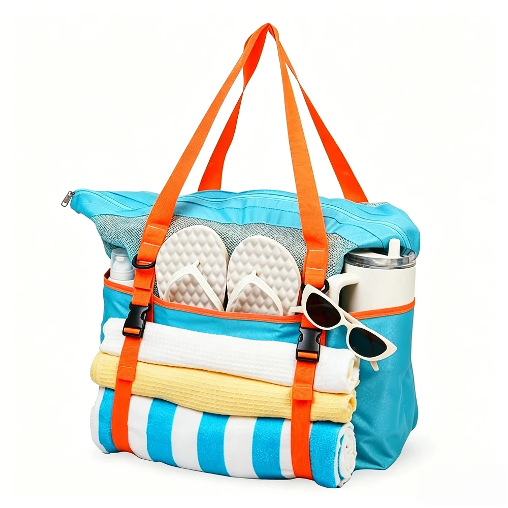 Mesh Beach Bag with Zipper Top Pool Bag with Drainage 40L Large Beach Towel Tote for Women Cup Holder for Park Cruise