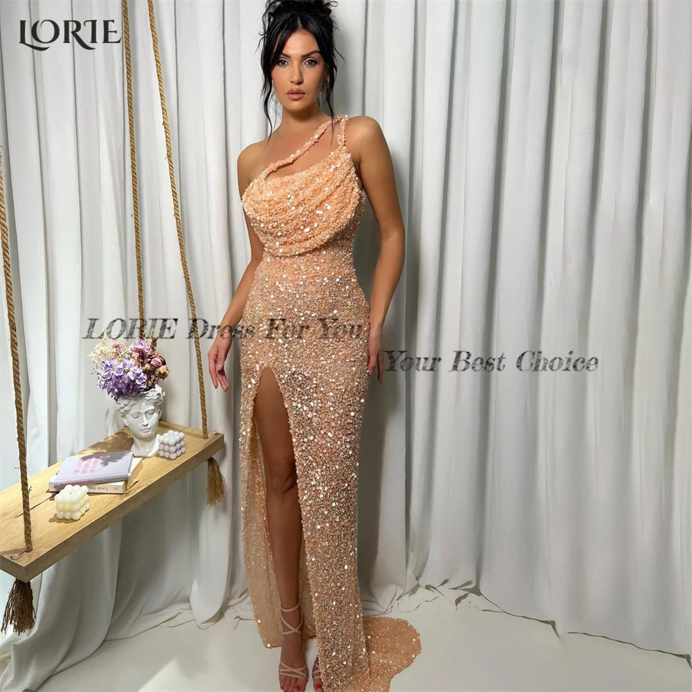 Lorie-Sexy Glitter Sereia Vestidos de Noite, Ruched Um Ombro, Sparkly Backless Prom Dress, High Side Slit, Celebrity Party Gowns