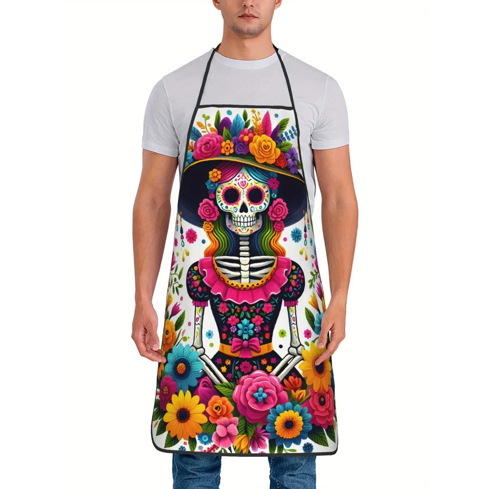 Bright Floral La Catrina Skeleton All Over Print Waterproof Cooking Apron Mexican Culture Fan Backyard BBQ Kitchen Holiday Gift