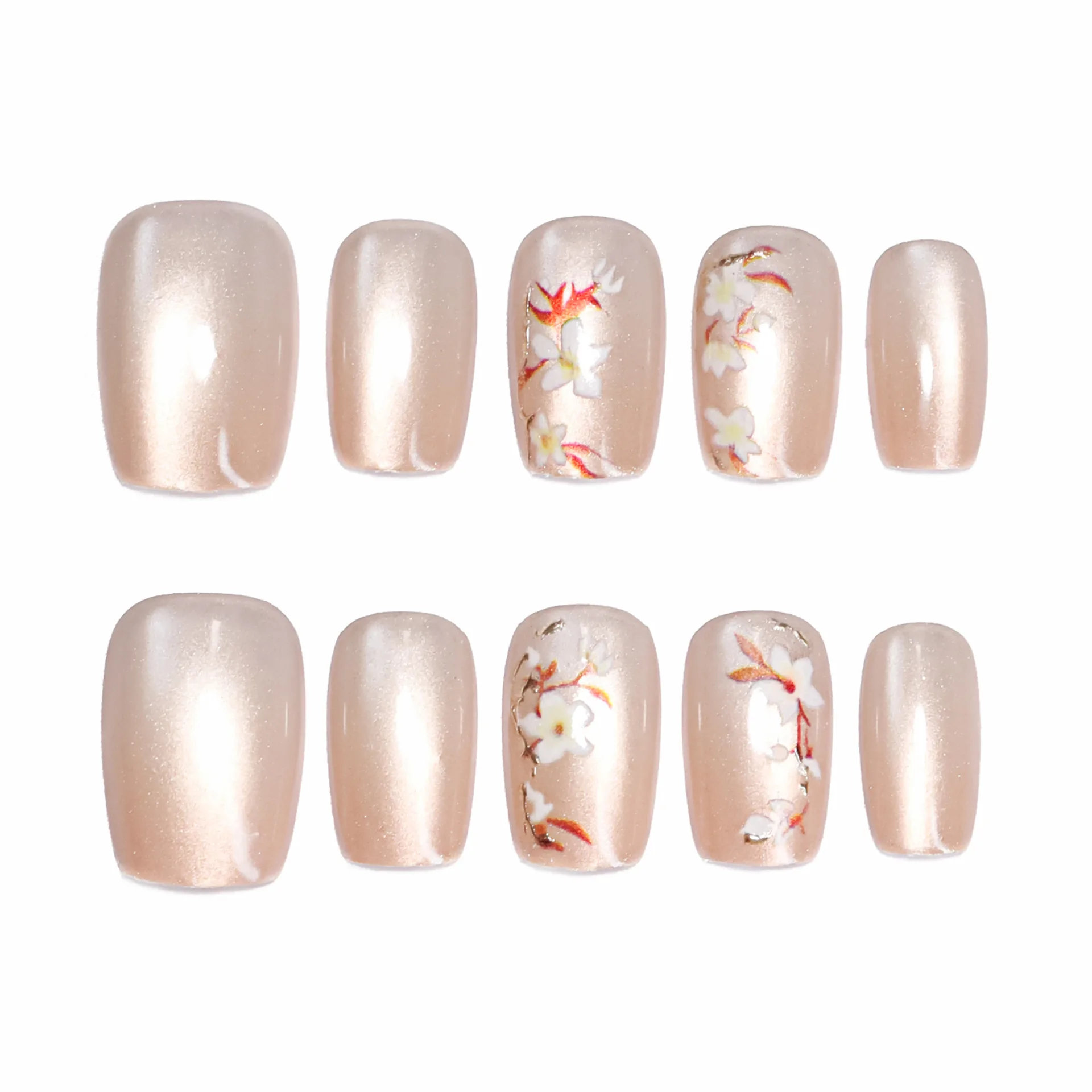 Накладные ногти ручной работы телесного цвета Короткие квадратные накладные ногти кошачий глаз Многоразовые Накладные ногти накладные ногти цветочный дизайн китайский стиль