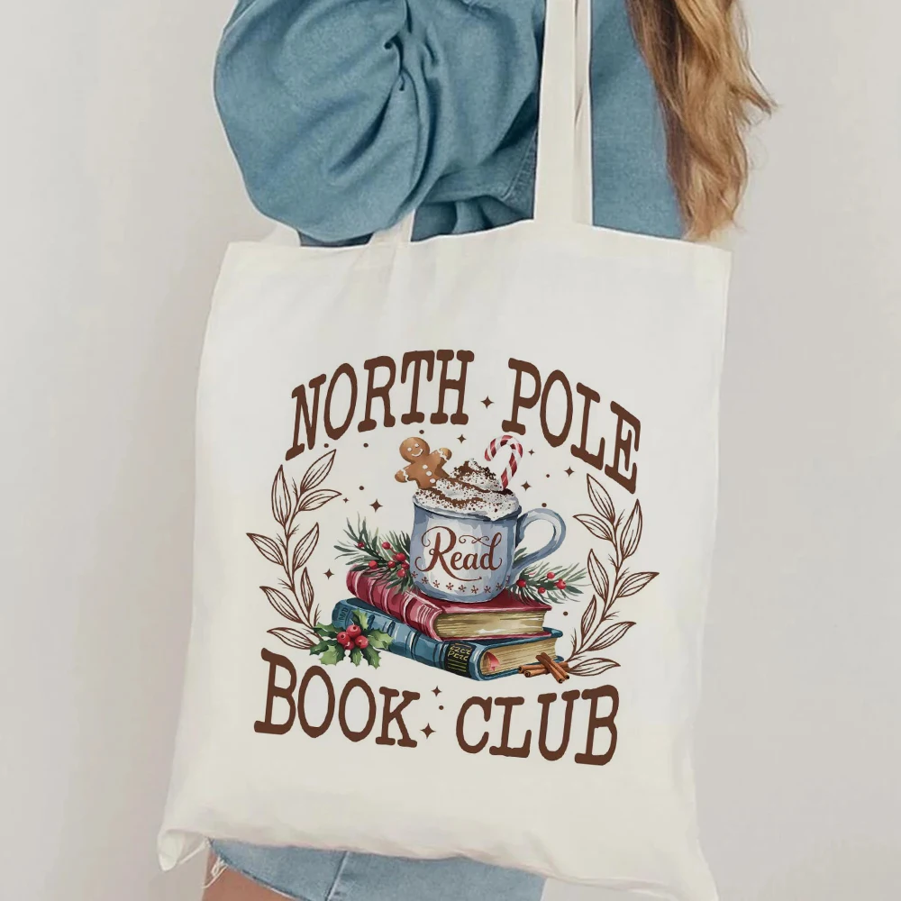 Rétro Vintage pôle nord livre Club pain d'épice chaud cacao sac fourre-tout Bookish sac toile sac fourre-tout sacs à provisions sac à main à bandoulière