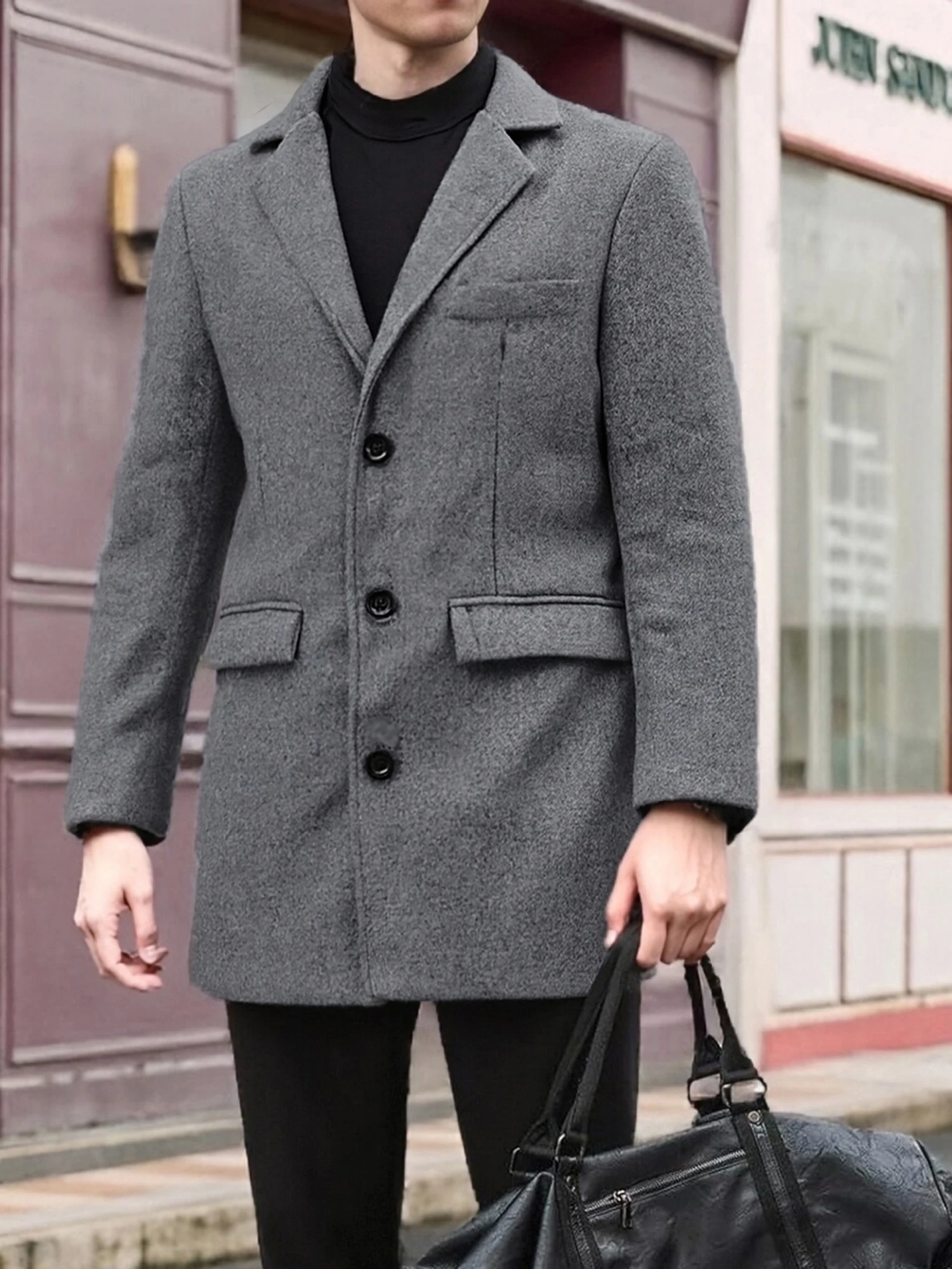 

Men s Classic Wool Blend Overcoat with Notched Lapel and Button Closure Warm Winter Trench Coat Outerwear in Solid Color