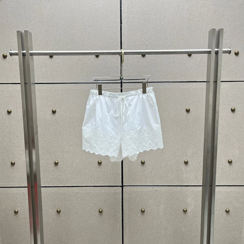 Ladies Pure Cotton Shorts Hollow Lace Scalloped Hem Elastic Drawstring Loose Short Pants Soft Breathable Women Casual Home Short