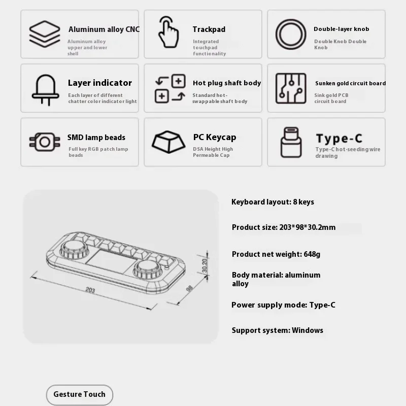 DOIO KB08-01 mini Mechanical Keyboard Aluminum alloy touchpad Dual Knobs portable RGB lighting effect Customized mini keyboards