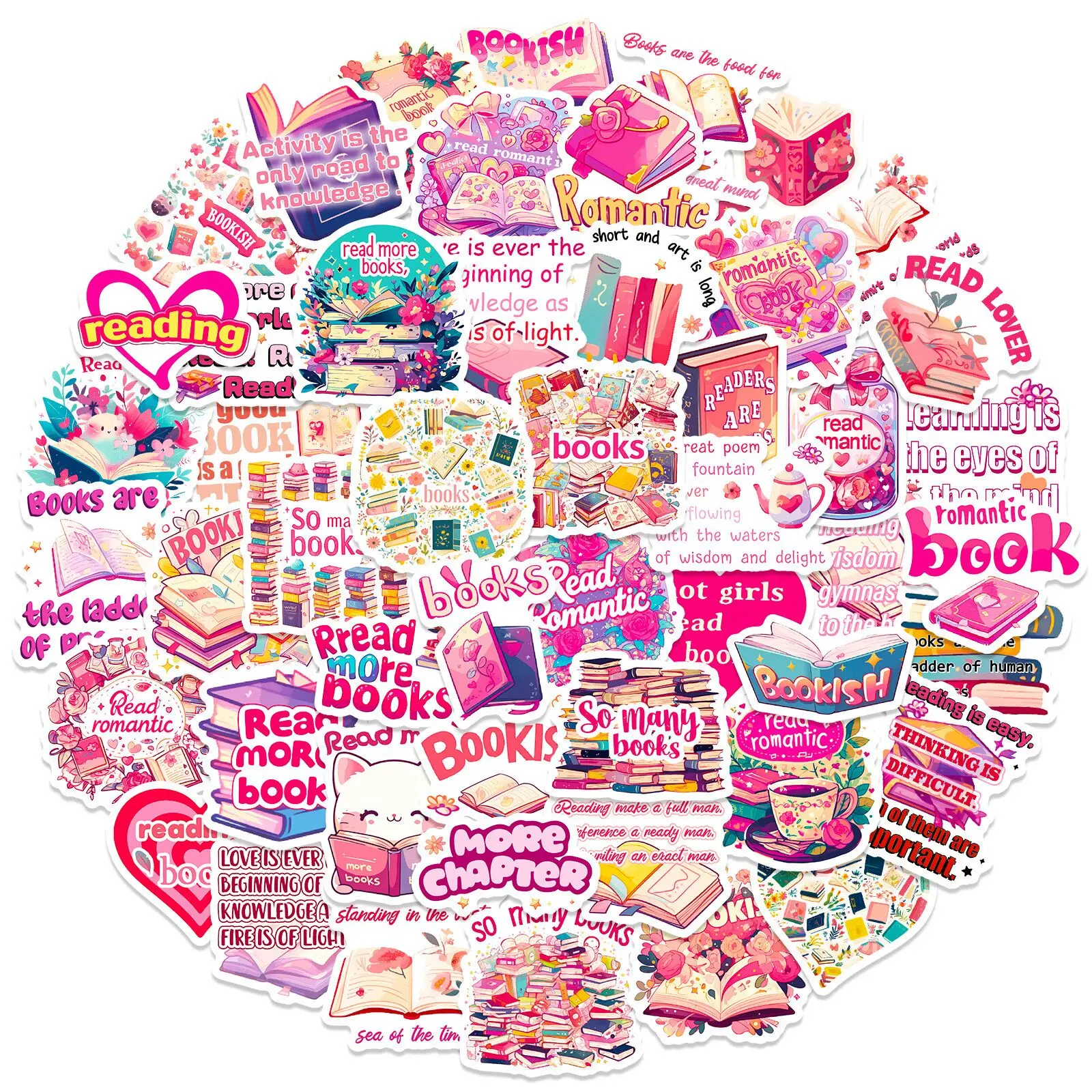 10/50pcs Cute Pink Romantic Bookish Reading Book Stickers Kawaii Decals Scrapbooking Bottle Notebook Luggage Laptop Sticker Toy