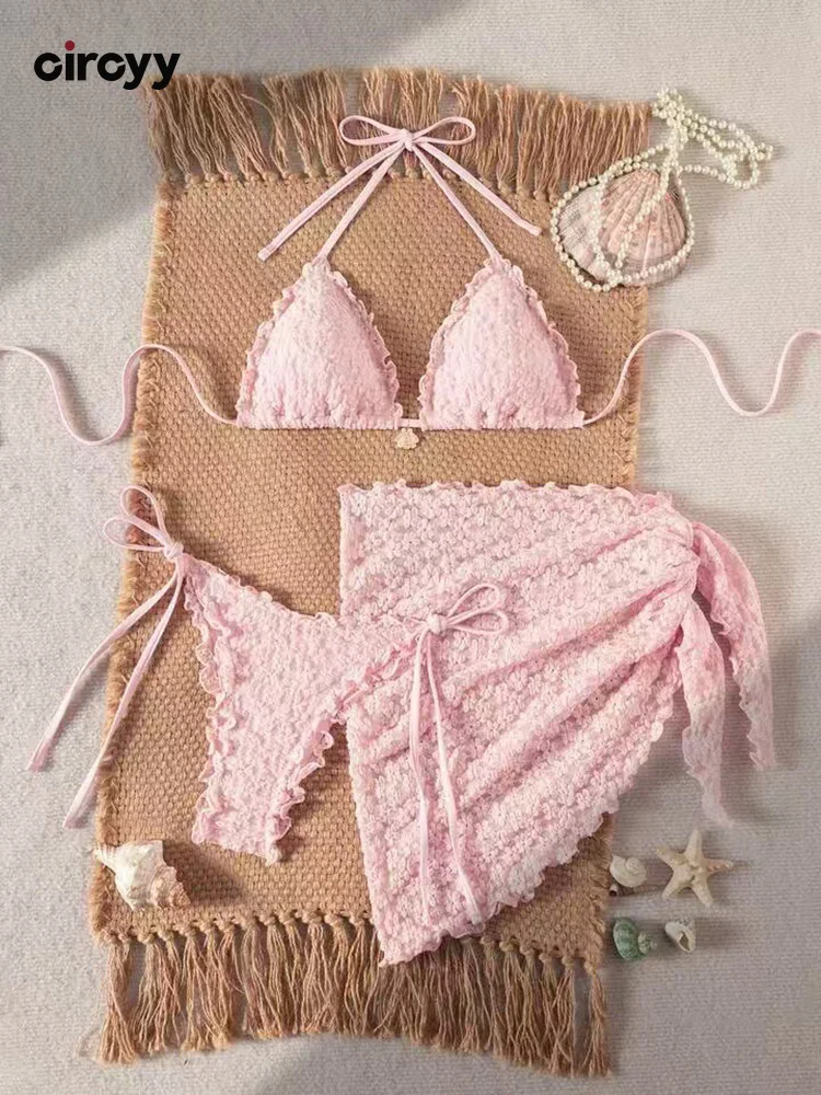 Circyy Three-pieces Swimwear Women Bikinis Set Lace Cover-Ups Bathing Suit Sexy Fabric Swimsuit Beach Neck-mounted Bikinis Set