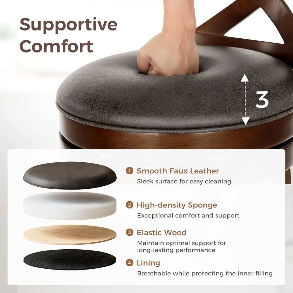 Lot de 2, 30 tabourets de bar pivotants avec dossiers, sièges en similicuir, cadre en bois, pour îlot de cuisine ou pub, finition noyer