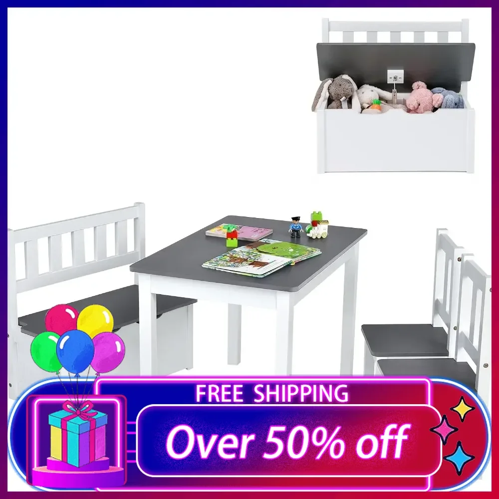 2 in 1 Kids Table and Chair Set, Wood Activity Table with Toy Storage Bench & 2 Chairs for Children ,Toddler Table and Chairs