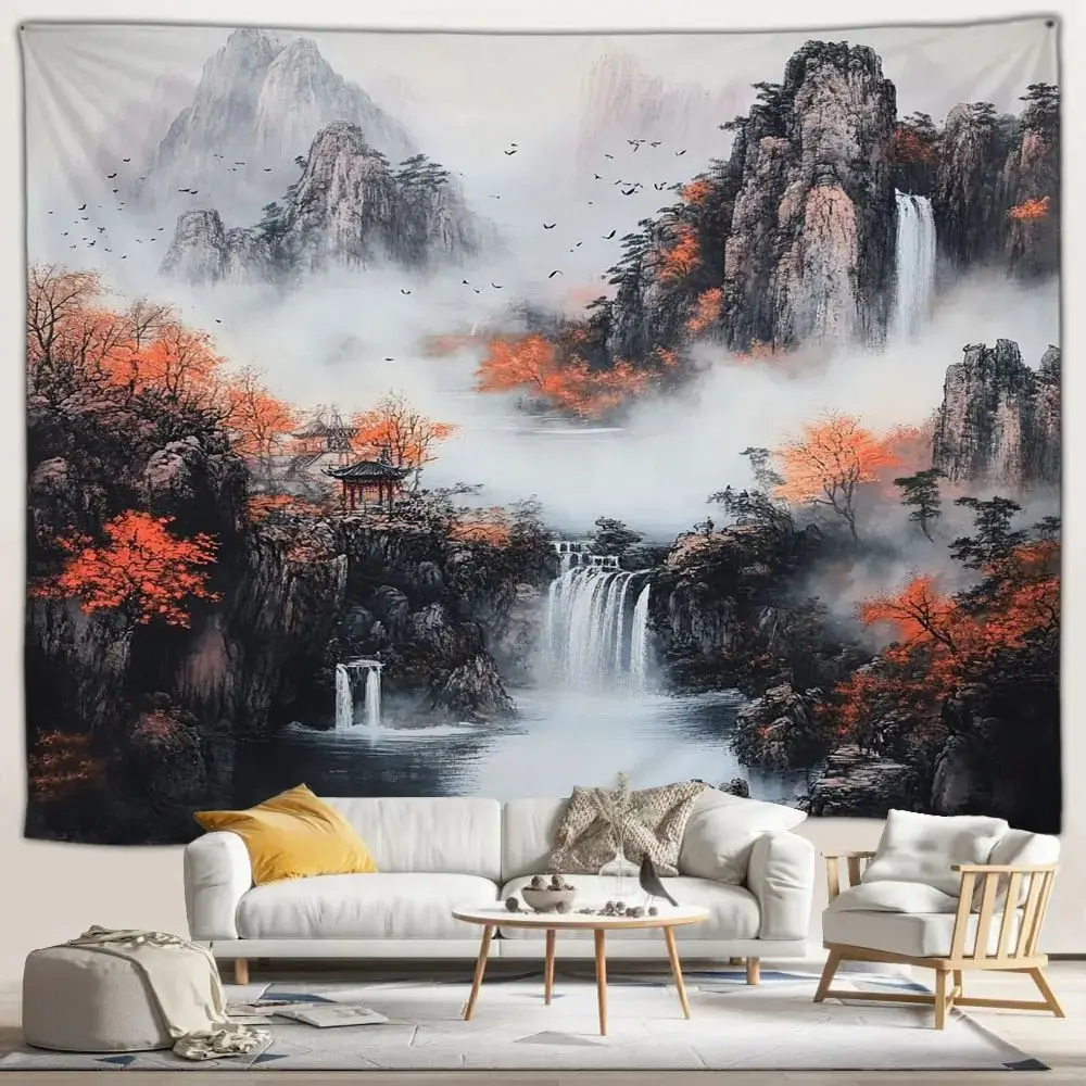 VIKAMA Japanese Cherry Blossom Misty Landscape Chinese Architecture Tapestry for Living Room Bedroom Decor