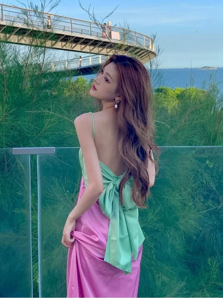 Vintage Sweet Pink Green Patchwork Holiday Party Pleated Dress Woman Elegancka sukienka bez rękawów z wysokim stanem Boho Dress