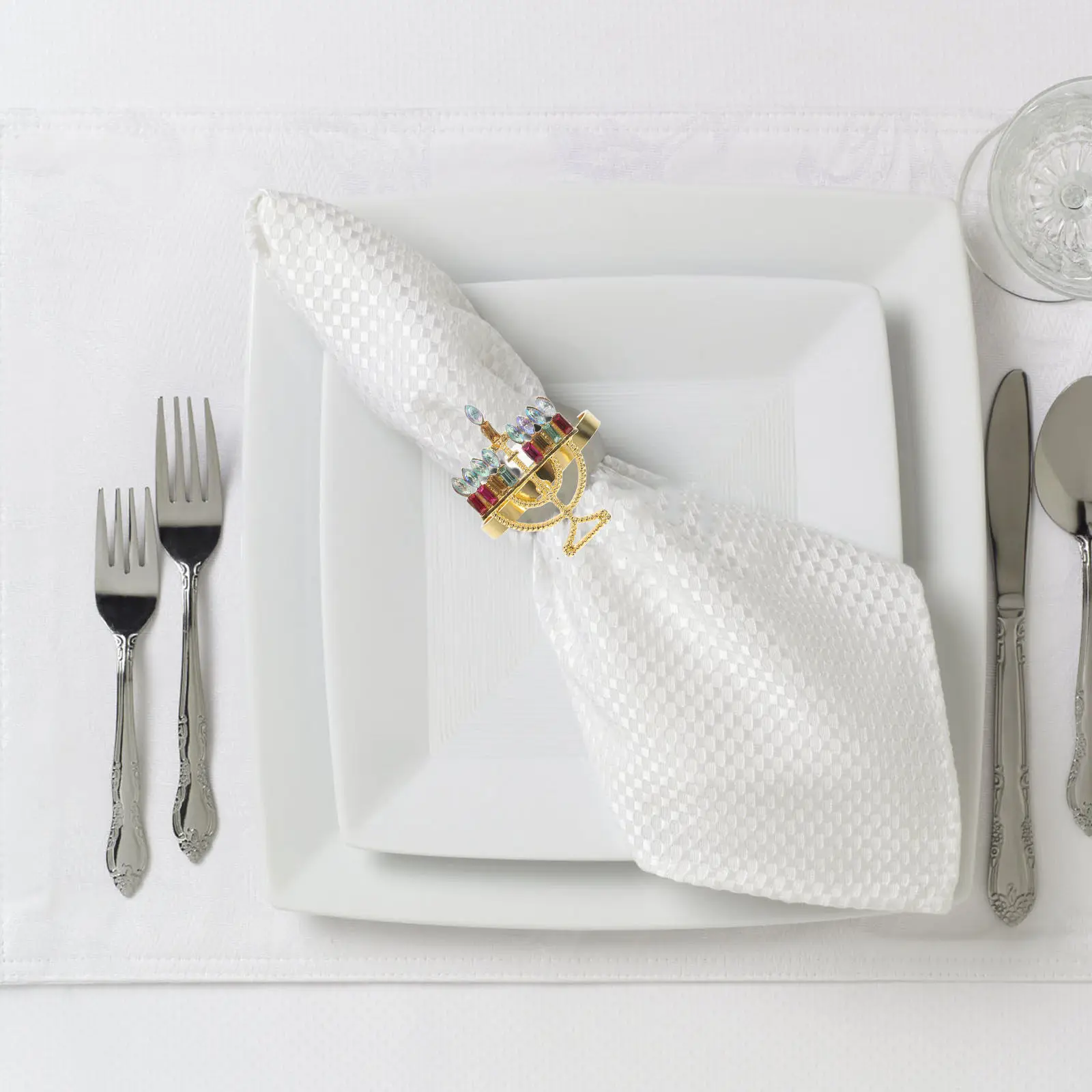 6Pcs Chanukah Serviette Holders Menorah Shaped Gold Alloy Rhinestone Embellished Napkin Rings for Jewish Holiday Table Settings