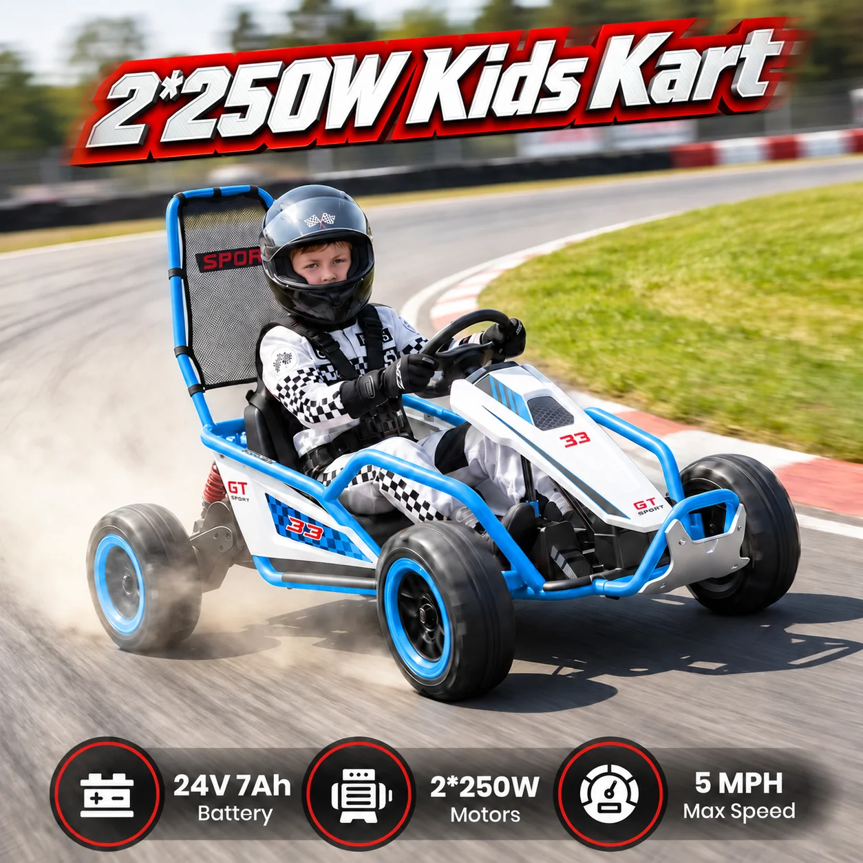 Kids 24V Electric Go Kart Off-Road Racing Ride On Car,2 Speed Adjustable, Bluetooth, Shock Absorber, 5-Point Safety Belt Battery Powered Go Kart for Boys Girls