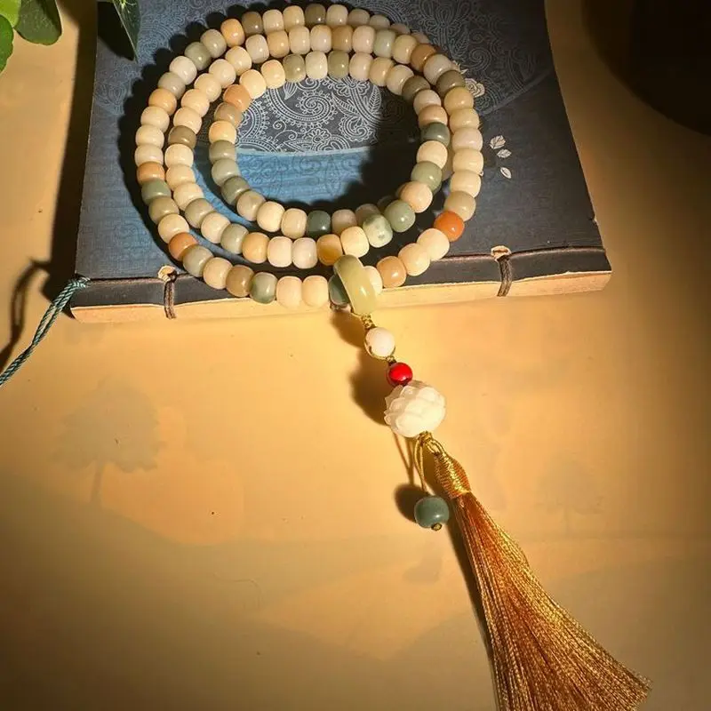 Natural Bodhi Root , Live-Stream Design, 108 Candy Multi-Gem High-Polish Fine Craftsmanship Buddhist Bead Bracelet