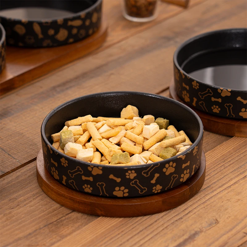 

Walnut wooden base cat bowl for drinking water and food double bowl ceramic dog bowl drinking dish Feeder access device