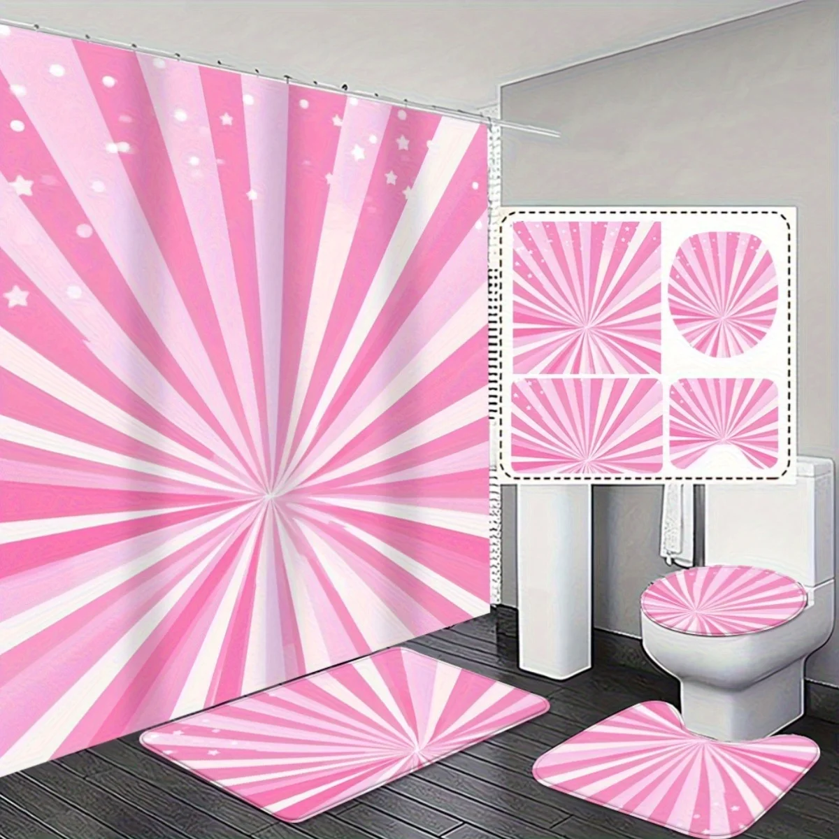 

Набор для ванной комнаты с розовым взрывом из 4 предметов — занавеска для душа, нескользящие впитывающие коврики и крышка унитаза — стильный и функциональный