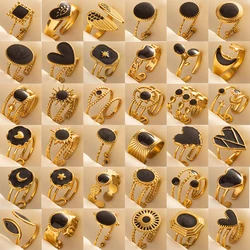 Varios anillos dorados de esmalte negro Retro que se pueden abrir, anillo de dedo ajustable de acero inoxidable, joyería elegante para mujeres, regalos de cumpleaños para niñas