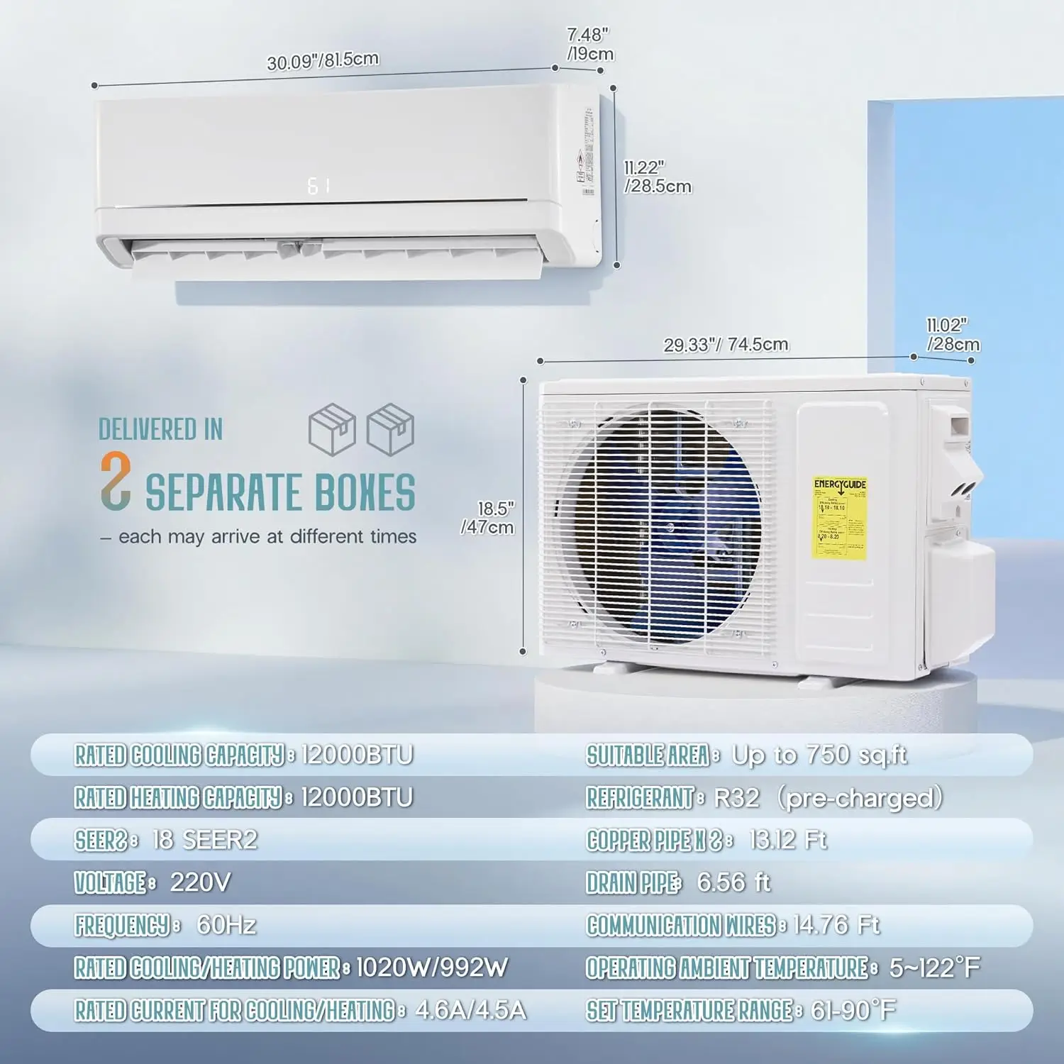 

12000 BTU Mini Split AC & Heater, Inverter 18 SEER2, 220V, Self Clean, Remote & App Control for 750 Sq.Ft, Custom