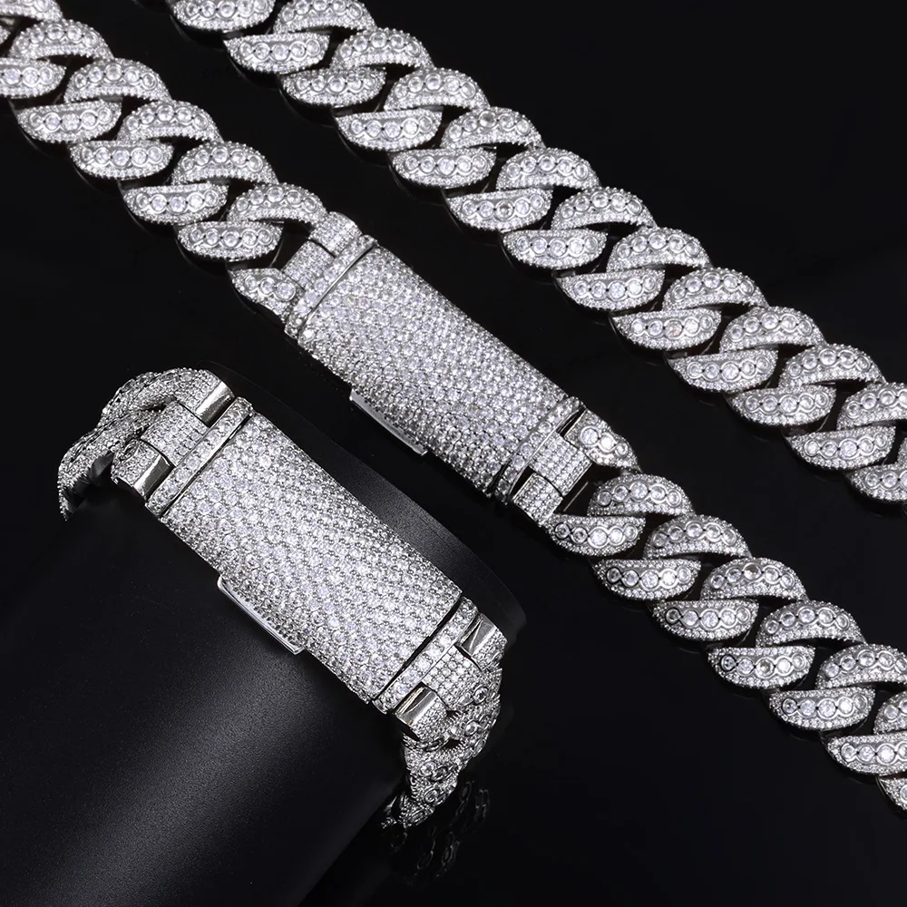 S925 NUOYA Sterling Silver D Color Moissanite Cuban Link Chain Necklace 18MM Long Buckle Chunky Necklace Hip Hop Jewelry.