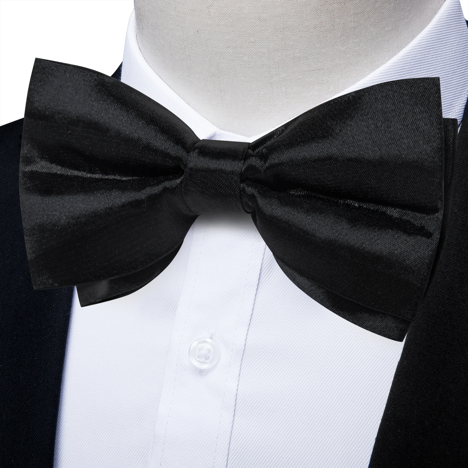 Men's Black Solid Pre tied Bow tie Handkerchief Cufflinks with Crystal Ring Luxury Bowknot for Wedding Prom Tuxedo Suits