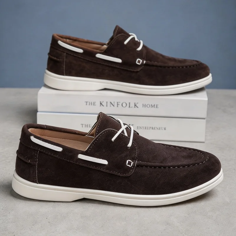 Men Boat Shoes Genuine Leather Cow Suede Quick-dry Leather Lace-Up Driving Retro Fashion Casual Flats Classic 2026 New Design
