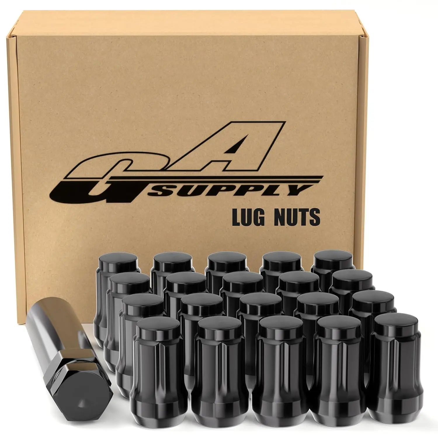 

12x1.25 Spline Lug Nuts Black 20 Pack + Key, Closed End Acorn 1.38" Tall 60 Degree Conical Seat for Aftermarket Wheels