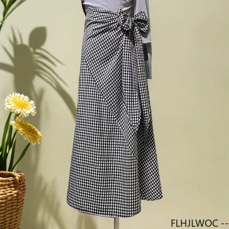 Vintage Plaid Skirts Temperament French Fashion Woman FLHJLWOC Design Bowknot Belt Lace-Up High Waist Bow Tie Long Skirt